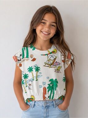 Zara Girls 11/12 White Snoopy Beach Print Tee